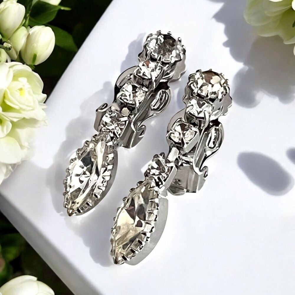 Vintage 1960s Clip On Earrings Rhinestone Drop Dangle Silver Tone - 10Y